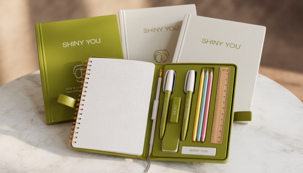 Shiny You branded back to school supplies sets in olive gold packaging with one open showing notebook pens highlighters and colored pencils on white marble
