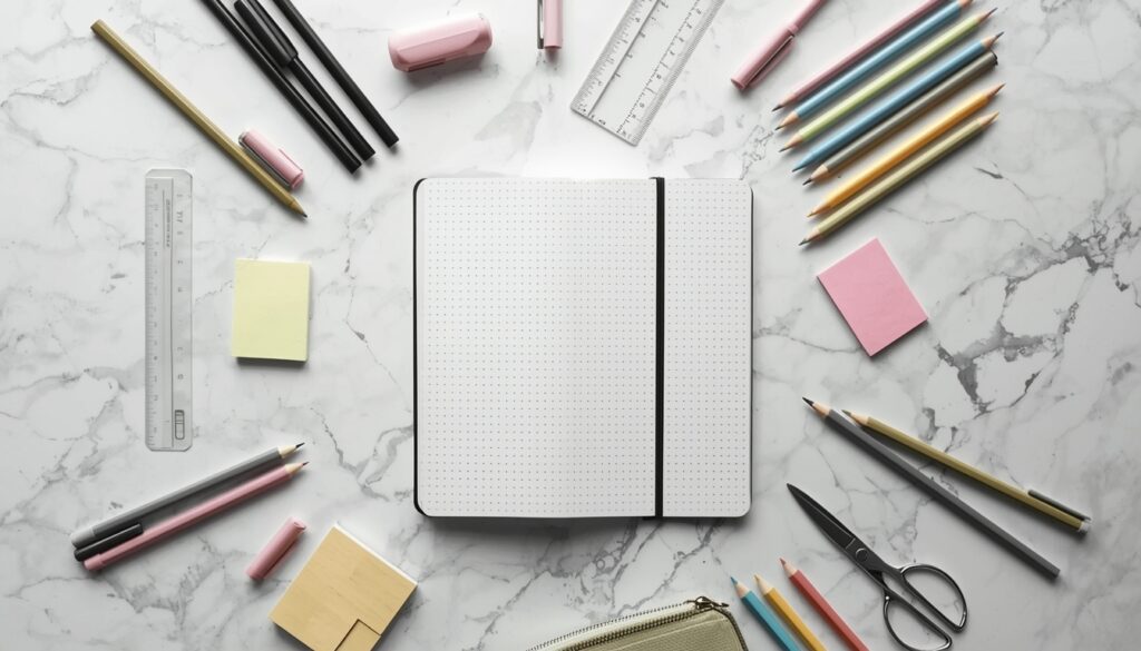 Back to school supplies list flat lay showing notebooks gel pens colored pencils highlighters ruler and stationery on white marble