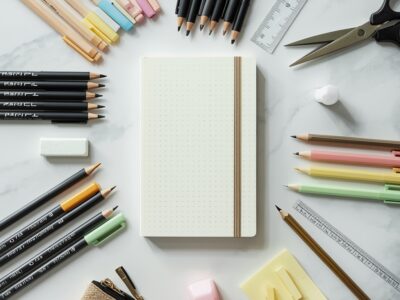 Back to school supplies list flat lay showing notebooks gel pens colored pencils highlighters ruler and stationery on white marble