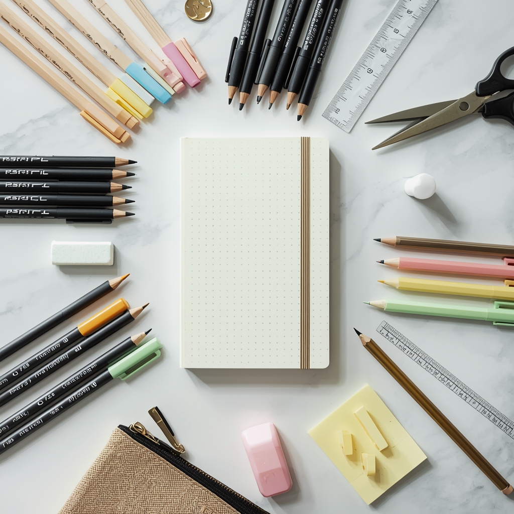 Back to school supplies list flat lay showing notebooks gel pens colored pencils highlighters ruler and stationery on white marble