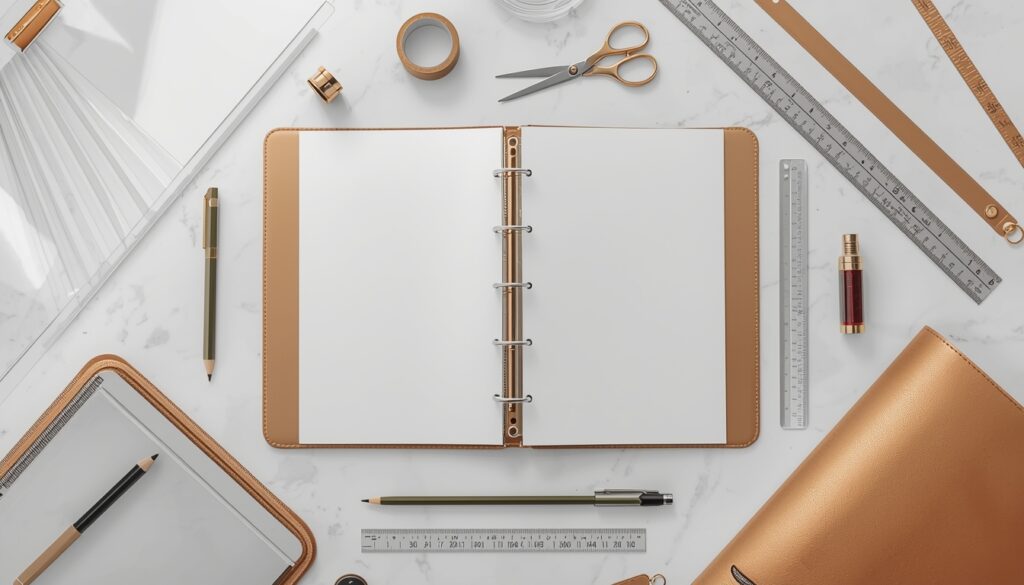 Organization and filing supplies for back to school supplies list including ring binder document folders pencil case ruler scissors and correction tape on white marble