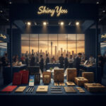 Home 85 Shiny You Stationery Canton Fair 2026 booth recap showing cherry red notebooks silver metallic pens eco friendly stationery and gift sets on display with Guangzhou skyline in background