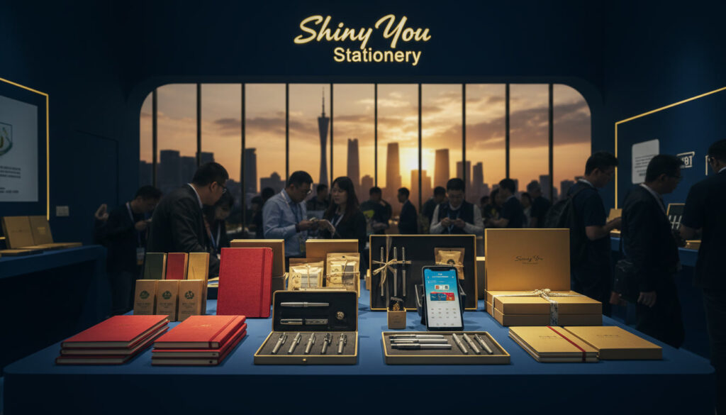 Shiny You Stationery Canton Fair 2026 booth recap showing cherry red notebooks silver metallic pens eco friendly stationery and gift sets on display with Guangzhou skyline in background