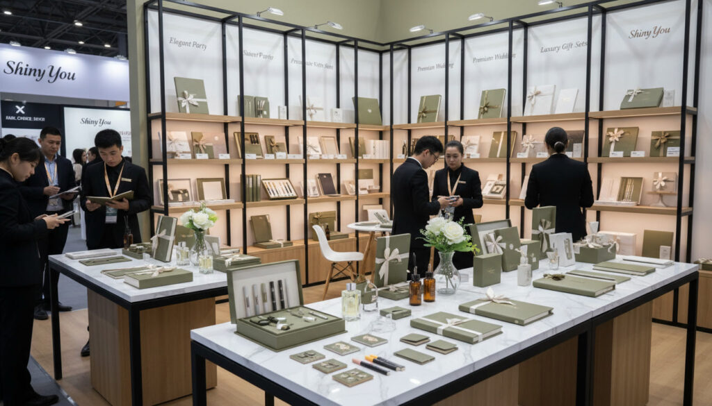 Six new Shiny You products launched at Canton Fair 2026 including cherry red notebook silver metallic pens smart notebook eco friendly stationery corporate gift set and deep purple journal