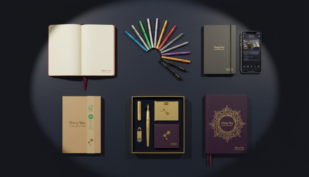 Best Wholesale Stationery Suppliers in 2026: Complete Guide 3 Shiny You wholesale stationery suppliers products at Canton Fair 2026 including cherry red notebook silver metallic pens smart notebook eco friendly stationery and corporate gift set