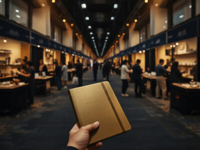 Wholesale stationery suppliers display at Canton Fair 2026 showing premium notebooks pen sets and stationery gift sets with buyers examining products