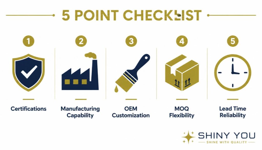 Best Wholesale Stationery Suppliers in 2026: Complete Guide 2 Five point checklist of what to look for in wholesale stationery suppliers including certifications manufacturing OEM MOQ and lead times