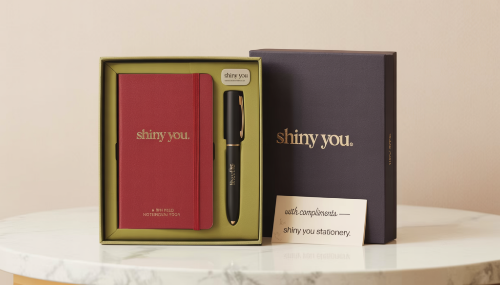 Shiny You Canton Fair 2026 free gift in olive gold branded box open revealing cherry red notebook gel pen and branded sticker sheet on white marble