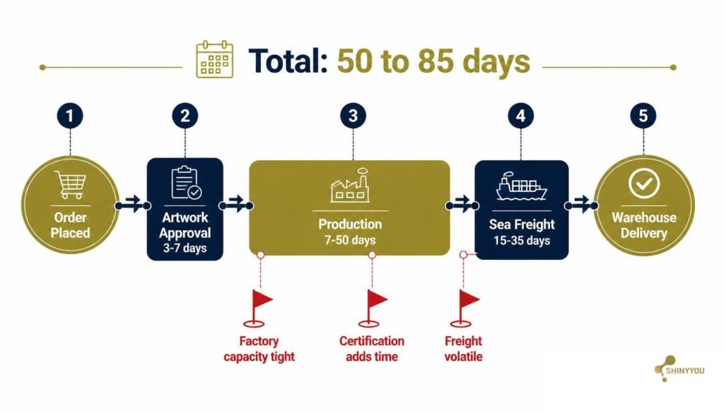 Wholesale stationery buying timeline infographic showing order placement artwork approval production sea freight and delivery stages with total 50 to 85 day timeline