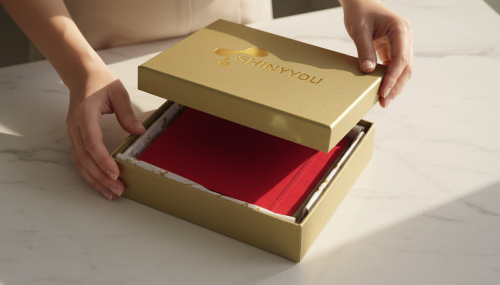 Premium stationery packaging unboxing experience showing rigid olive gold gift box opening to reveal branded notebook with embossed logo and tissue paper