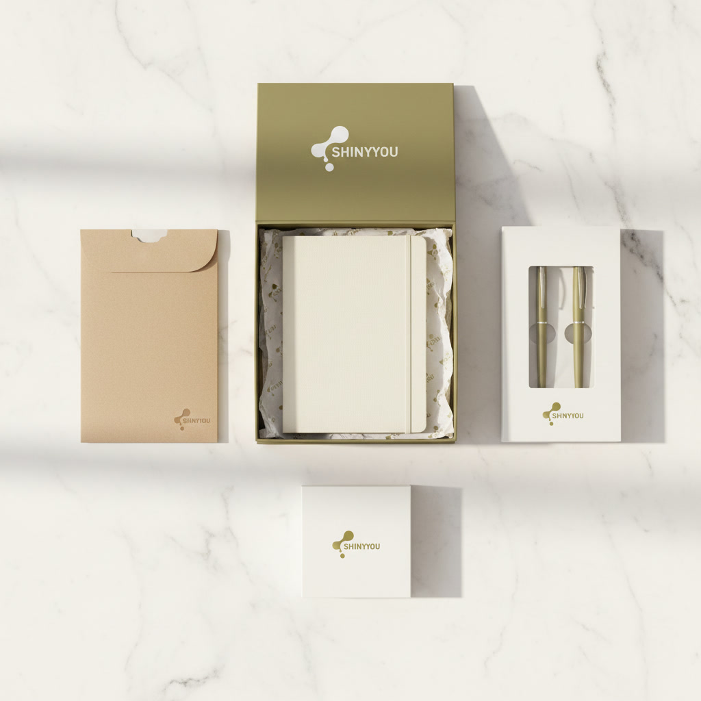 Custom stationery packaging options showing rigid gift box kraft slipcase window carton and folding carton with foil stamping on white marble