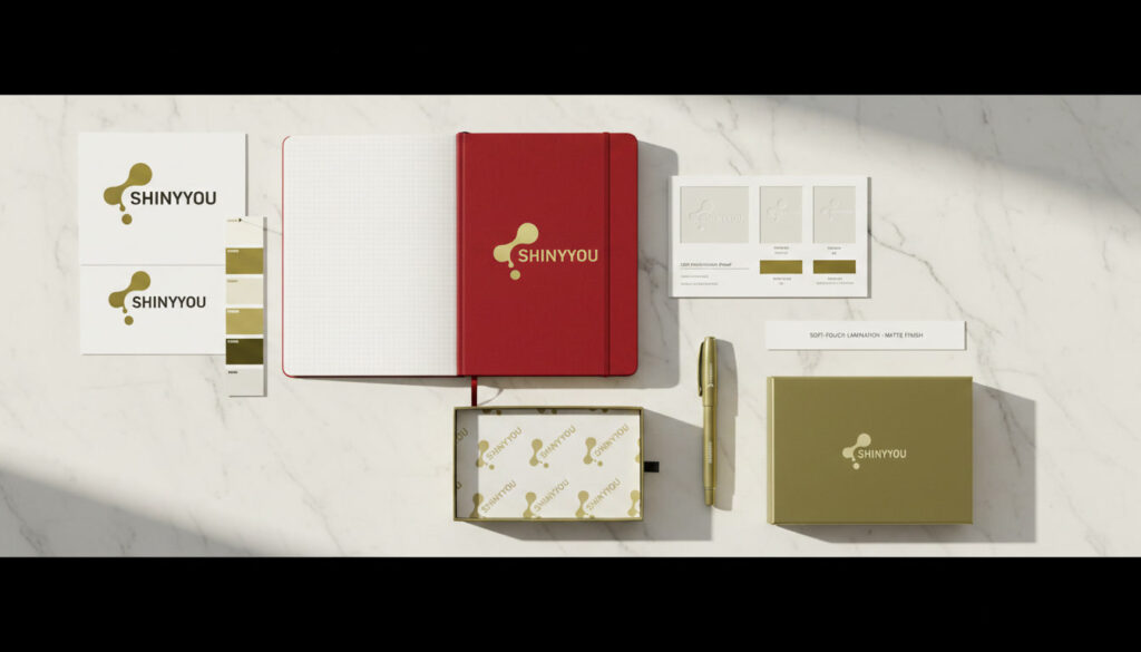 OEM stationery customization for wholesale order China showing branded cherry red notebook with gold foil logo Pantone swatches pre-production proof and custom packaging on white marble