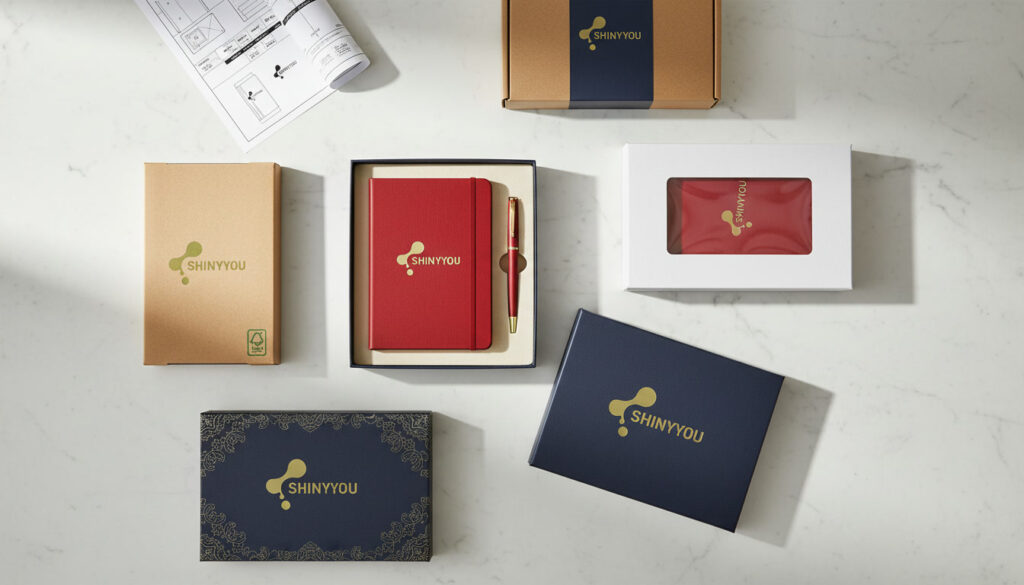 Shiny You branded stationery packaging range showing rigid gift box eco friendly kraft box foil stamped box and window carton with dieline proof on white marble