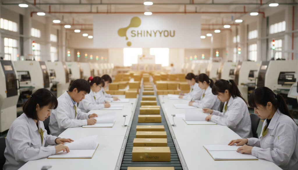 Chinese stationery manufacturer factory floor in Ningbo showing workers quality checking notebooks and branded packaging for wholesale stationery order China