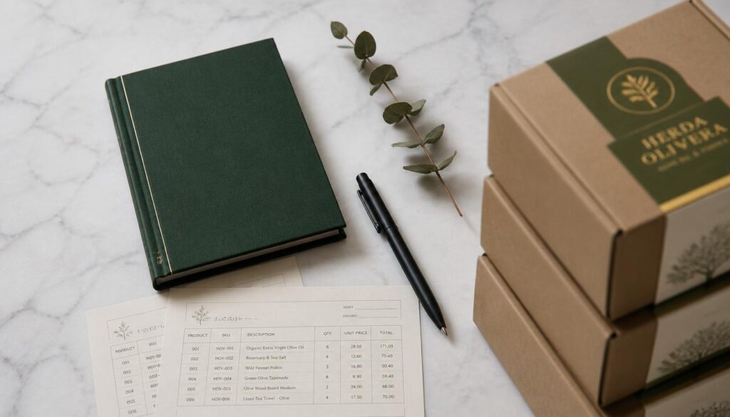 Wholesale stationery MOQ guide showing hardcover notebooks, product cartons, and pen set arranged on white marble for minimum order quantity explainer
