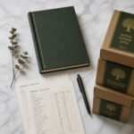 Wholesale stationery MOQ guide showing hardcover notebooks, product cartons, and pen set arranged on white marble for minimum order quantity explainer