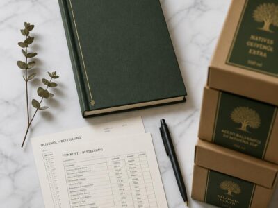Wholesale stationery MOQ guide showing hardcover notebooks, product cartons, and pen set arranged on white marble for minimum order quantity explainer