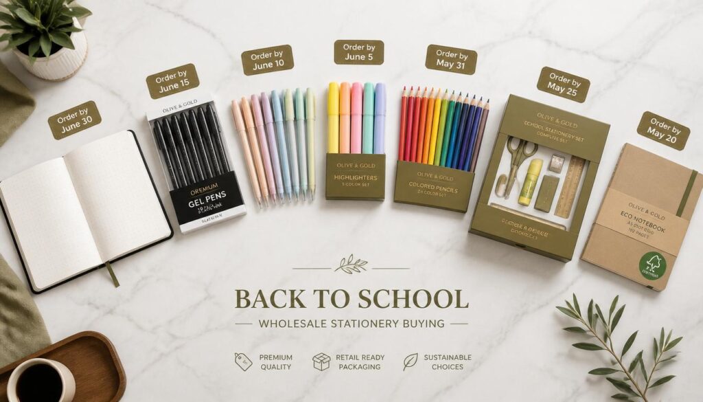 Back to school wholesale stationery buying Q3 2026 priority products showing notebooks gel pens highlighters colored pencils branded stationery set and eco friendly range with order deadline tags