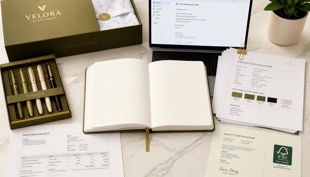 Wholesale stationery order China process showing notebooks pen sets product specifications shipping documents and FSC certification on white marble desk