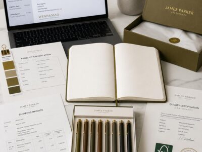 Wholesale stationery order China process showing notebooks pen sets product specifications shipping documents and FSC certification on white marble desk