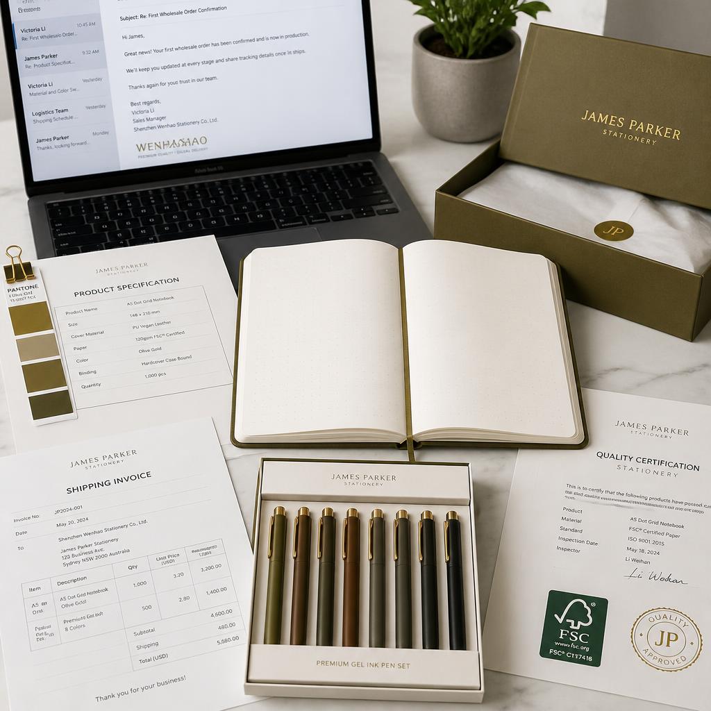 Wholesale stationery order China process showing notebooks pen sets product specifications shipping documents and FSC certification on white marble desk