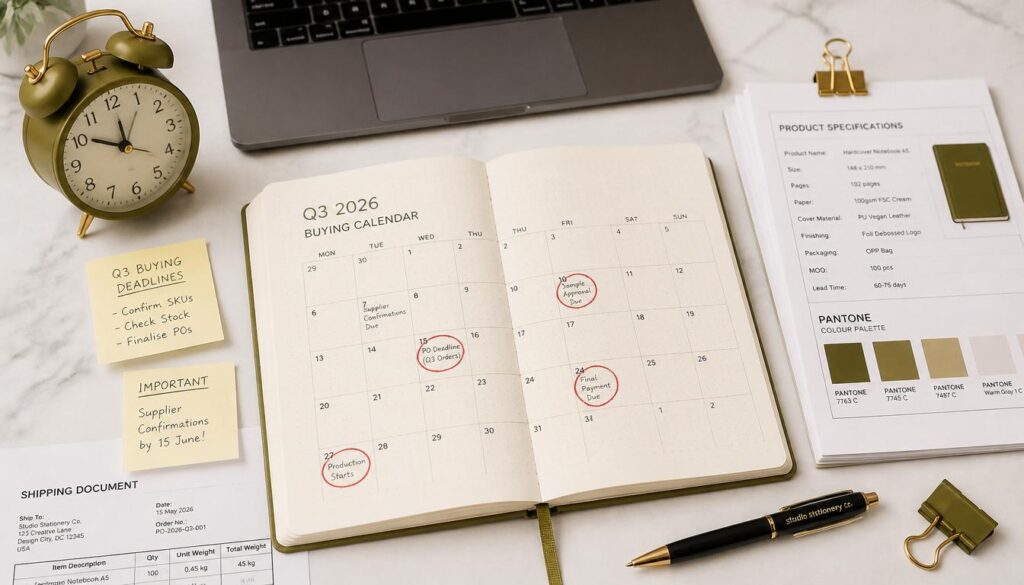 Wholesale stationery buying Q3 2026 planning setup showing calendar with order deadlines notebooks pen and specification sheets on white marble desk