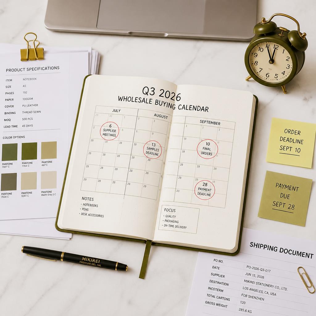 Wholesale stationery buying Q3 2026 planning setup showing calendar with order deadlines notebooks pen and specification sheets on white marble desk