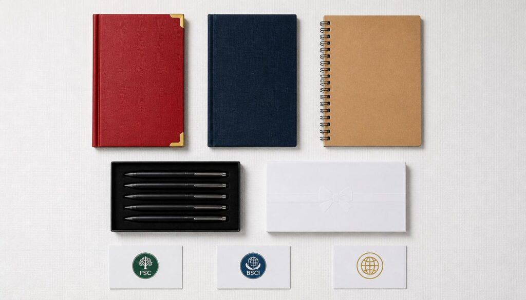 Private label manufacturer stationery showroom displaying hardcover notebooks spiral pads pen sets and custom packaging samples with FSC and BSCI certification badges