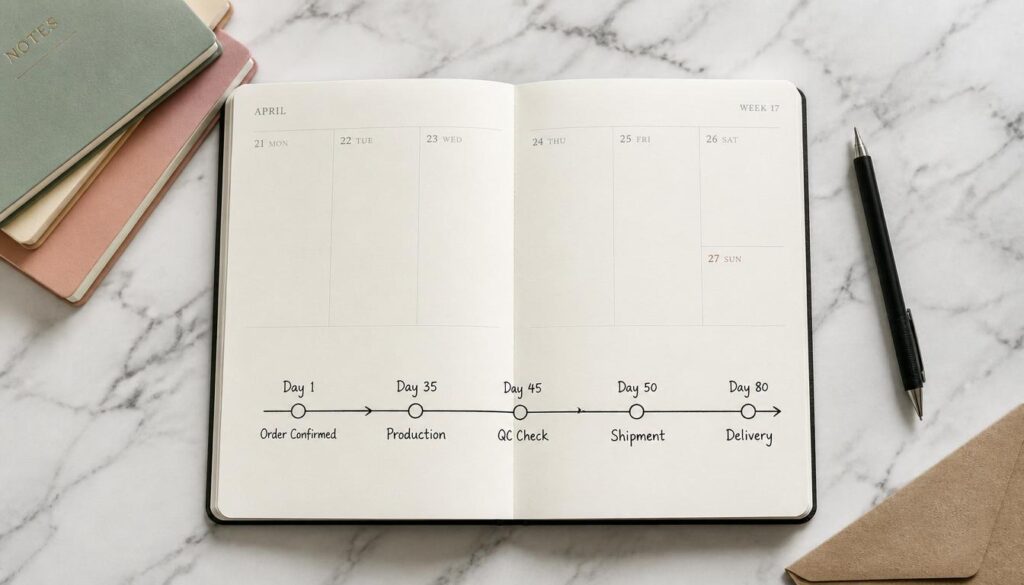 Private label manufacturer stationery production timeline showing order confirmation production quality control shipping and delivery stages with lead time breakdown on white desk