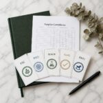 Wholesale Stationery Manufacturer 86 Stationery supplier certifications documents showing FSC BSCI REACH RoHS and other compliance badges on a white marble desk