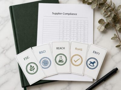 Stationery supplier certifications documents showing FSC BSCI REACH RoHS and other compliance badges on a white marble desk