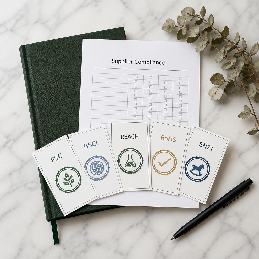 Stationery supplier certifications documents showing FSC BSCI REACH RoHS and other compliance badges on a white marble desk