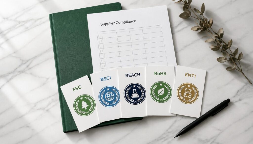 Certifications Every Wholesale Stationery Buyer Needs 1 Stationery supplier certifications documents showing FSC BSCI REACH RoHS and other compliance badges on a white marble desk