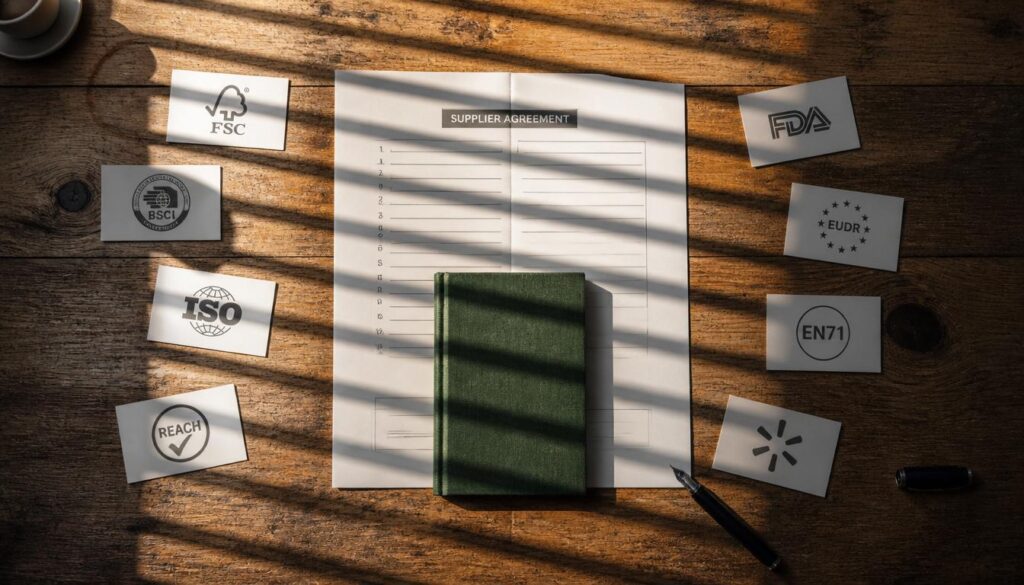 10 Questions to Ask Before Choosing a Stationery Manufacturer 1 Wholesale buyer evaluating stationery manufacturer with checklist notebooks certification documents and product samples on white marble desk
