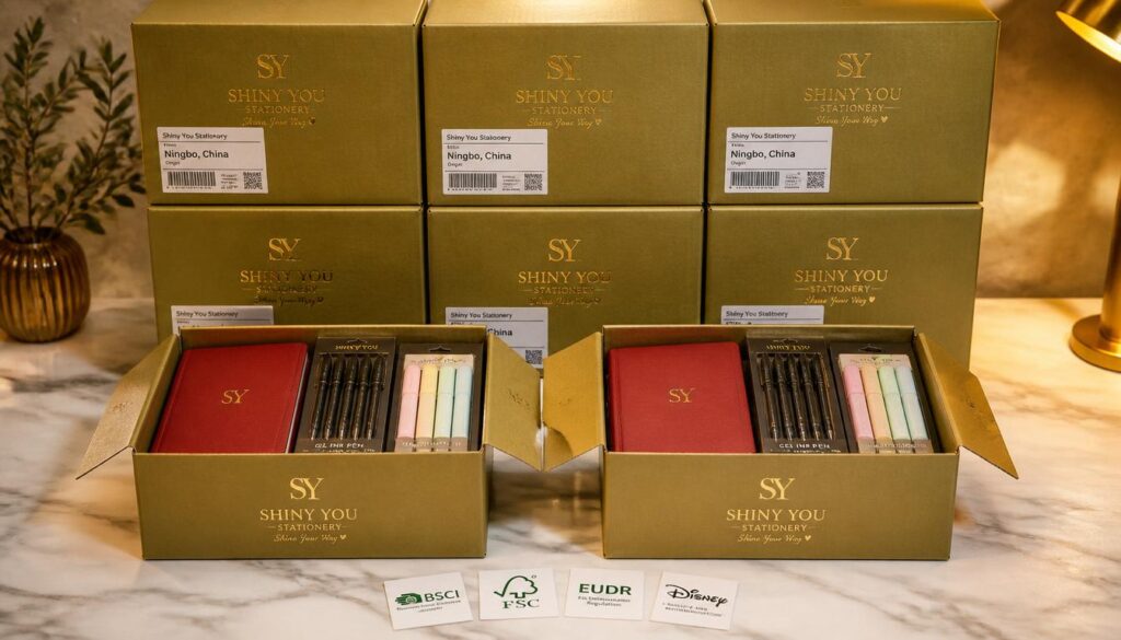Shiny You branded wholesale stationery buying Q3 2026 order cartons stacked ready for shipment from Ningbo showing cherry red notebooks pen sets and certification badges on white marble