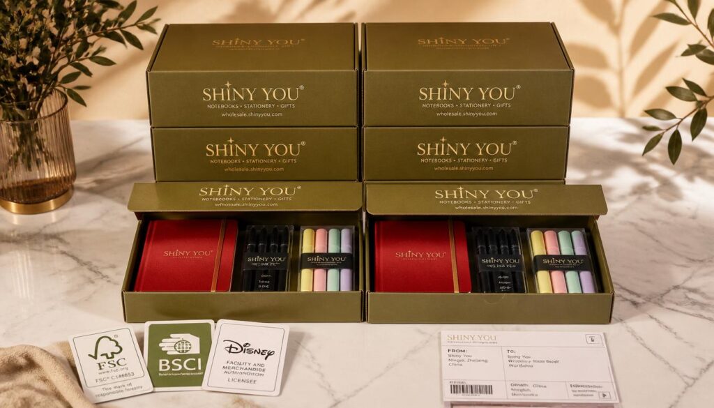 Shiny You branded wholesale stationery order China cartons stacked ready for shipment from Ningbo showing cherry red notebooks pen sets and certification badges on white marble