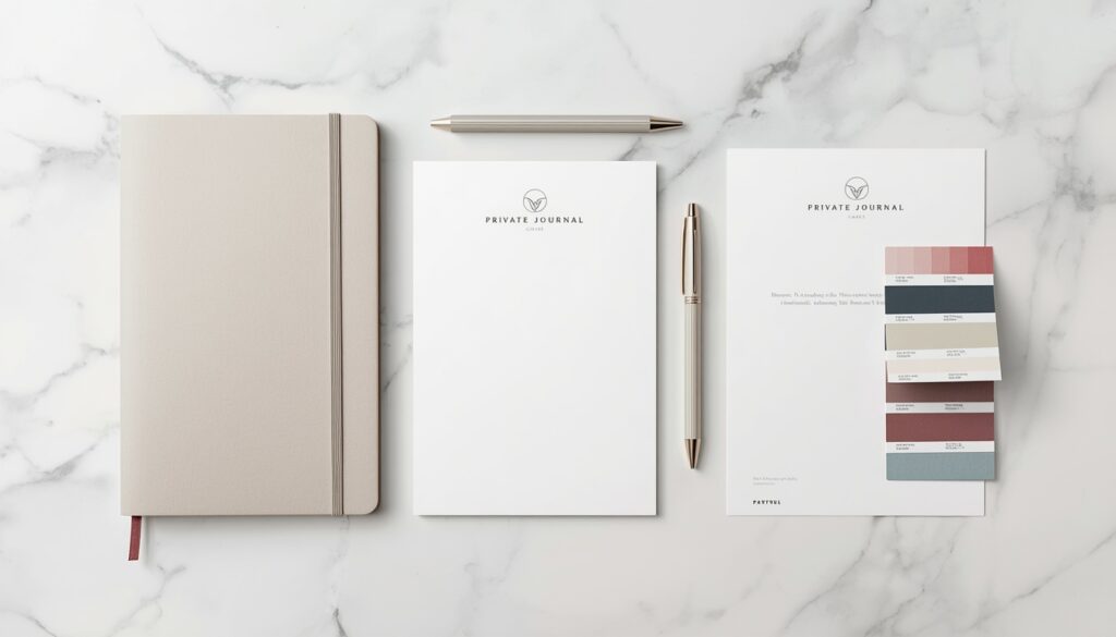 Private label manufacturer stationery process showing branded notebooks journals and packaging samples on white marble desk with specification sheets and Pantone color swatches