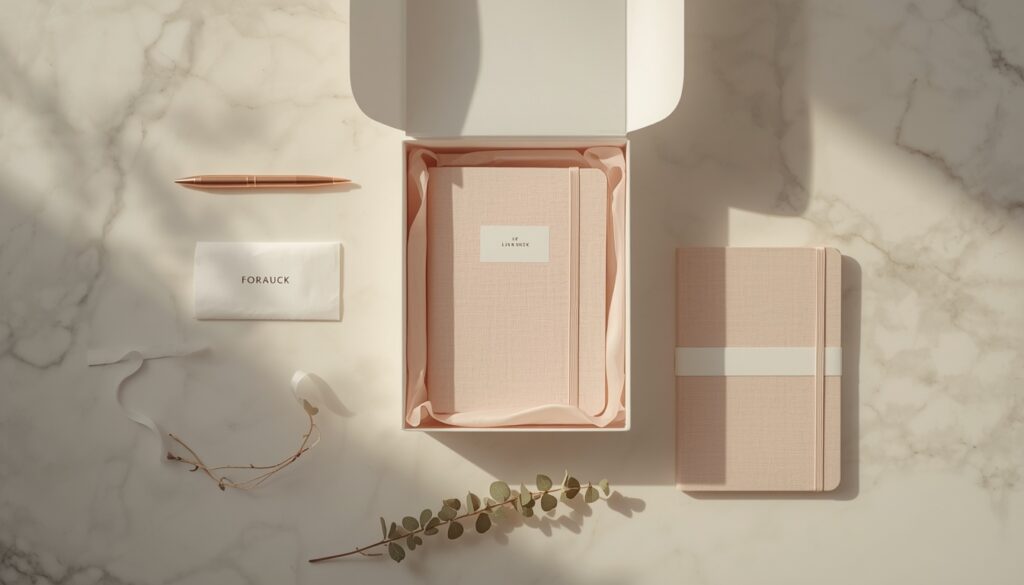 Shiny You private label manufacturer stationery branded notebooks journals pen sets and custom gift boxes on white marble showing finished retail-ready private label product range