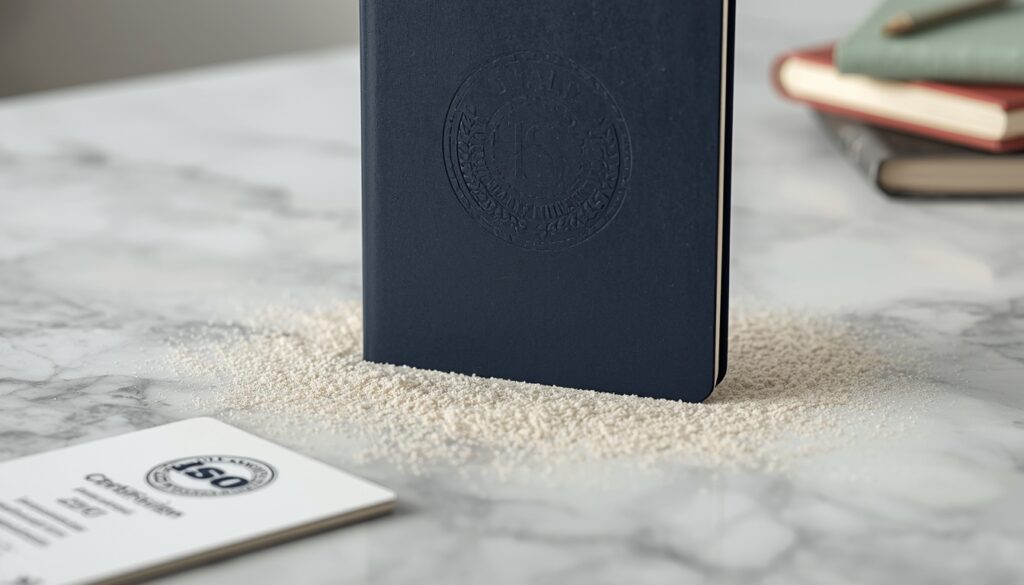 Certifications Every Wholesale Stationery Buyer Needs 3 ISO 9001 quality management certification document alongside FSC BSCI and other stationery supplier certifications on white marble