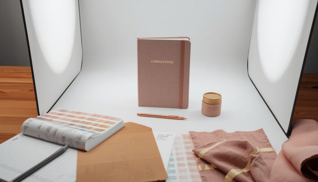 10 Questions to Ask Before Choosing a Stationery Manufacturer 3 Stationery manufacturer OEM customization showing branded notebook with logo foil stamping custom pen set and bespoke packaging on white marble