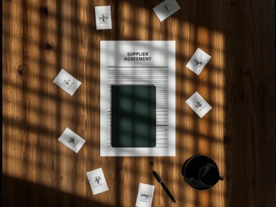 Wholesale buyer evaluating stationery manufacturer with checklist notebooks certification documents and product samples on white marble desk