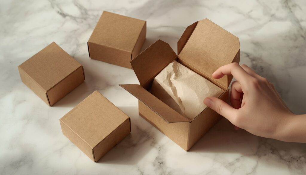 Five minimum order stationery cartons on white marble with one carton open showing journal packaging for Shiny You 5-case production run wholesale option
