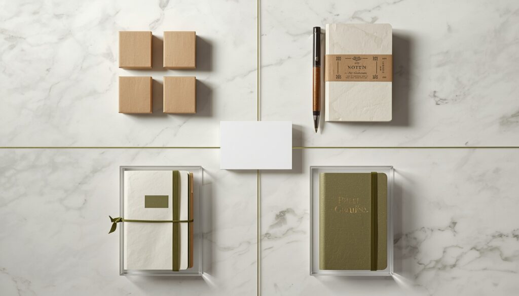 Shiny You MOQ wholesale order options overview showing four product tiers from 5-case entry to full OEM custom stationery production arranged on white marble