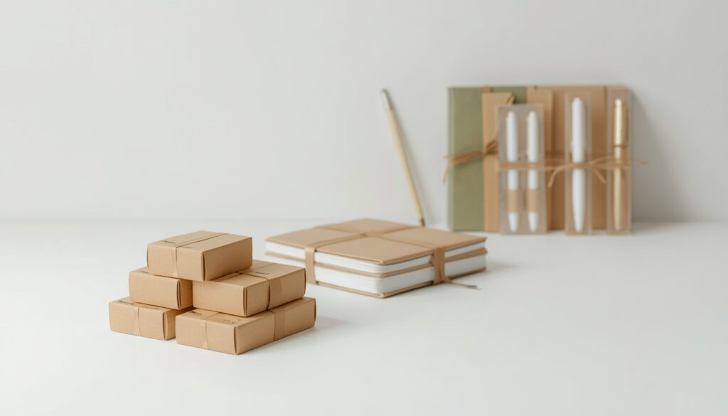 MOQ wholesale tier comparison showing stationery products arranged from 5-case minimum order in foreground to full carton load in background on white background