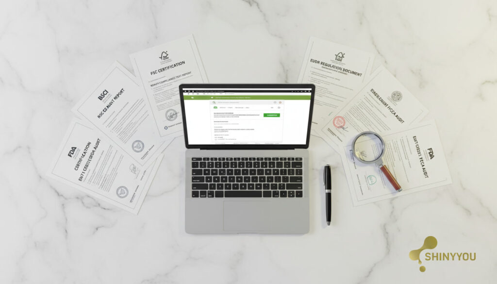 Stationery Sourcing from China: Practical Guide 2026 3 Stationery sourcing certification verification setup showing FSC BSCI REACH EUDR EN71 FDA and Walmart FCCA documents fanned on white marble with laptop showing FSC database