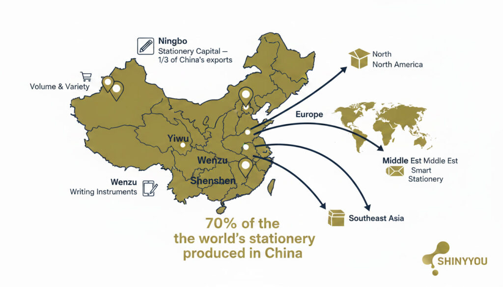 Stationery Sourcing from China: Practical Guide 2026 2 China stationery sourcing map showing Ningbo Yiwu Wenzhou and Shenzhen manufacturing hubs with export arrows to global markets and key production statistics