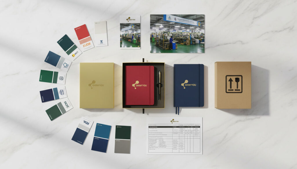 Stationery Sourcing from China: Practical Guide 2026 4 Shiny You stationery sourcing partner showcase on white marble showing branded gift box factory photo seven certifications OEM sample shipping carton and specification sheet