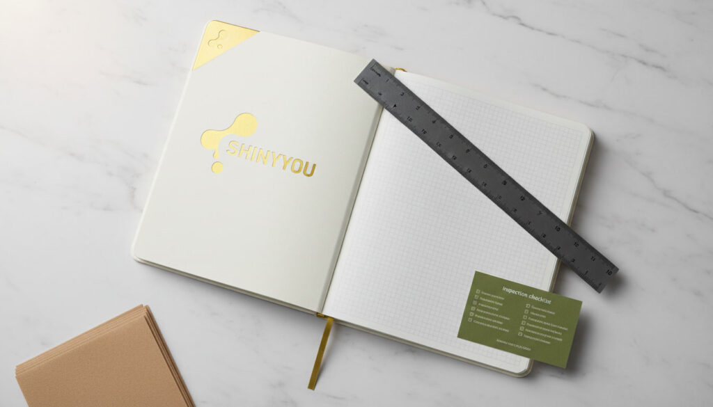Planner Quality Control: How We Test Layout Alignment, Margins & Specialty Features 2 Shiny You planner quality control showcase with gold foil detail and inspection checklist