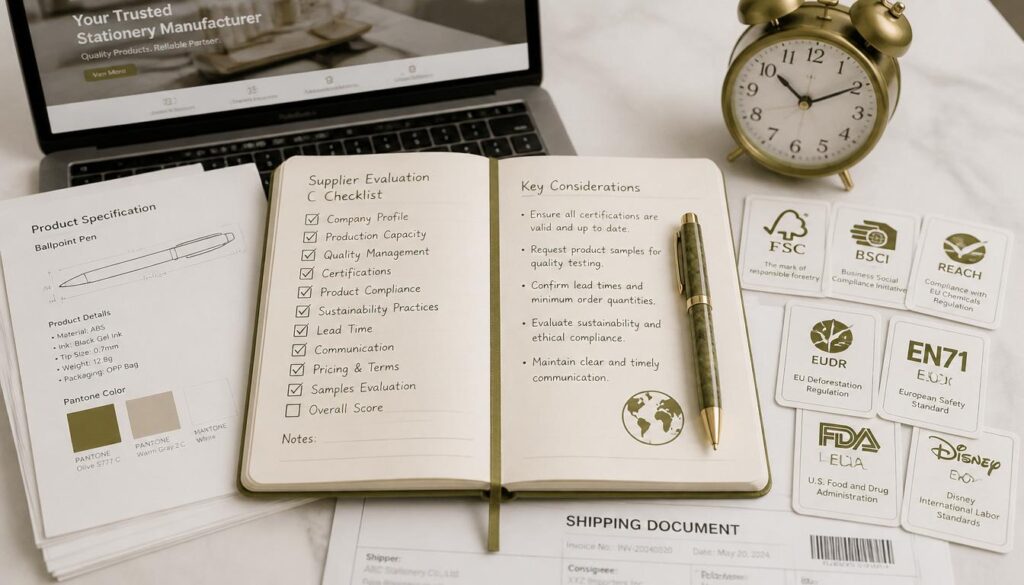 Stationery Sourcing from China: Practical Guide 2026 1 Stationery sourcing from China planning setup showing supplier checklist certification documents Pantone swatches shipping papers and pen on white marble desk