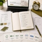 Stationery sourcing from China planning setup showing supplier checklist certification documents Pantone swatches shipping papers and pen on white marble desk